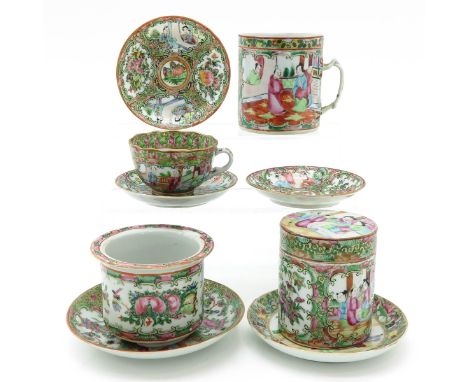 9 pieces, including mug, covered box, and cups and saucers, mug is 10 cm. tall, in diverse conditions.