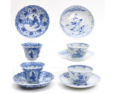 4 cups and 5 saucers in 2 different decors, largest saucer is 11 cm. in diameter, one saucer with hairline.