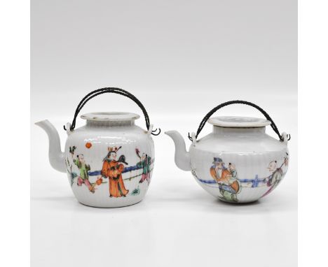 Depicting Chinese figures, tallest teapot is 9 cm., small chips one edge.