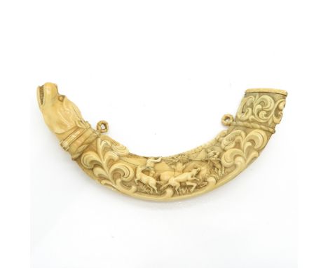 Very fine detailed carvings depicting hunting scene, musical instrument and portrait of a man, probably German, 33 cm. long. 