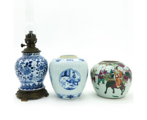 Including 2 ginger jars and an oil lamp converted from a vase, lamp is 58 cm. tall including glass.