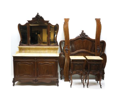 Including bed, pair of night stands and marble top commode with mirror, dresser is 213 cm. tall.