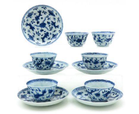 Including 6 cups and 5 saucers, depicting sea creatures, saucers are 12 cm. in diameter, some with chip and hairline.