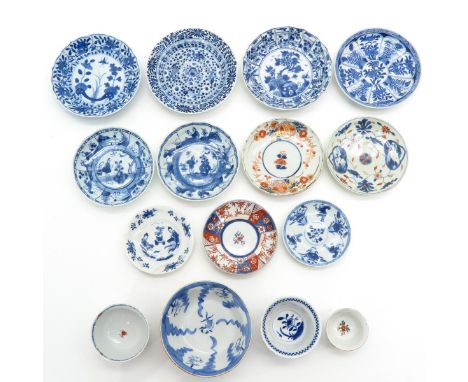 15 pieces, including cups, bowl and saucers, also including 18th Century, largest saucer is 13 cm. in diameter, in diverse co