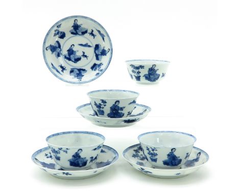 Depicting Chinese women with flowers and dogs, marked with double ring and Chinese character, 18th Century, saucers are 12 cm