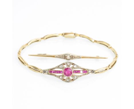 A 14KG Art Deco Ruby and Diamond Bracelet with Brooch.