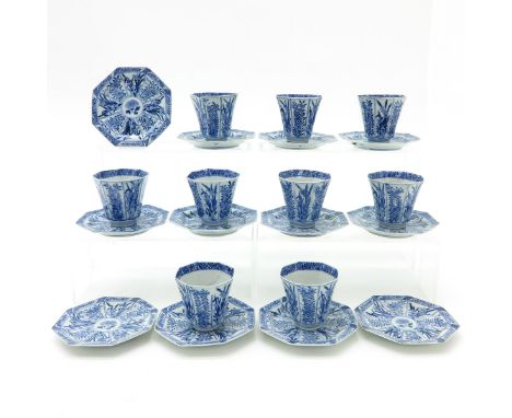 Octagon shape with floral decors, saucers are 12 cm. in diameter, in diverse conditions.