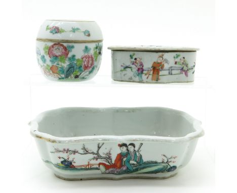 All in polychrome decors, planter is 21 cm. long, hairline in soap dish.