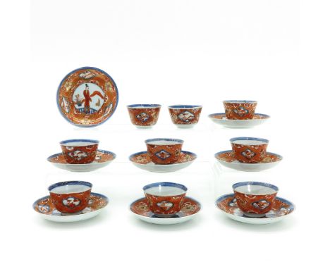 17 pieces, in orange, blue and gold gilt decor, depicting Chinese lady in garden in center of saucers, 18th Century, saucers 