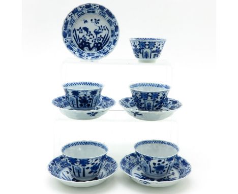 Scalloped edge with floral design, 18th Century, saucers are 13 cm. in diameter, fritting on edges.