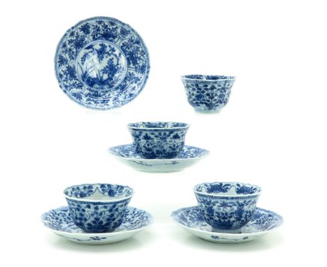 Floral decor, 18th Century, saucers are 11 cm. in diameter, some with hairline.