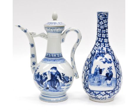 Teapot in two side decor, depicting Chinese figures in garden and Chinese text, marked Qianlong, vase depicting Chinese figur