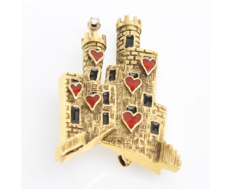 Red heart shaped enamel with black enamel windows, mounted with diamond on top, 42 mm. long, 14 gram.