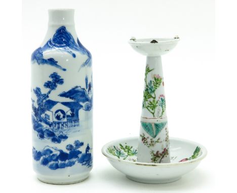 Blue and white vase depicting landscapes, floral decor on oil lamp, vase is 21 cm. tall, hairlines in vase.