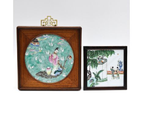 One in Famille Verte Decor and one in Famille Rose enamels, largest tile is 20 cm. in diameter.