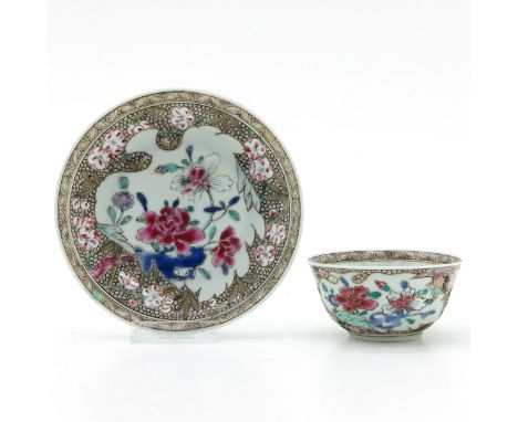 Floral design, 18th Century, saucers are 11 cm. in diameter, hairline in cup.