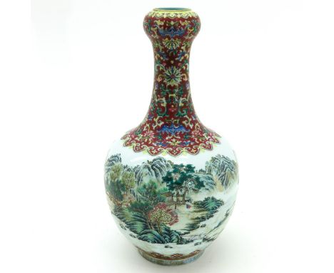 Ruby ground with Famille Rose floral enamels on neck on vase, body of vase depicting landscape decor with mountains, 33 cm. t