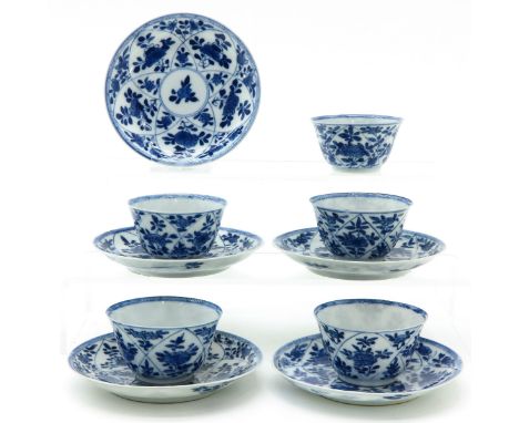 Flora desgin, marked with censer on bottom, 18th Century, saucers are 11 cm. in diameter, small chips on rim.