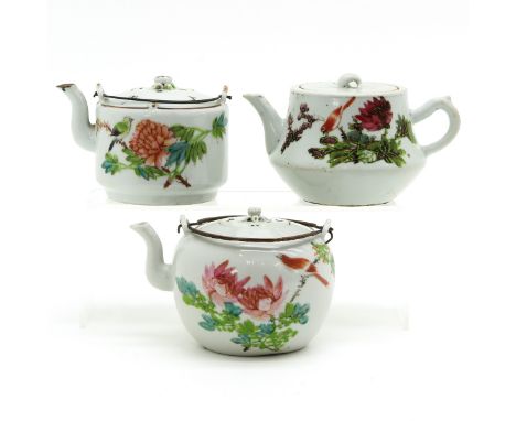 All in floral and bird decors, tallest teapot is 11 cm., some with chip and hairline.