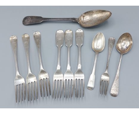 A set of three Victorian silver forks, Exeter 1839 together with three Victorian silver forks, three silver spoons and a silv