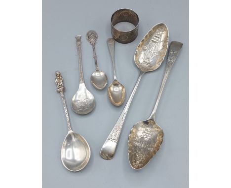 A Pair of George III silver berry spoons, London 1799, maker William Eley and William Fearn together with four silver spoons 