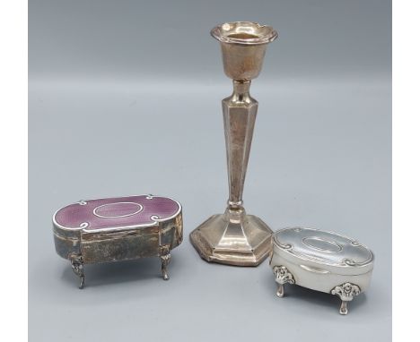 A Birmingham silver and enamel jewellery casket together with a Chester silver jewellery casket and a Chester silver candlest