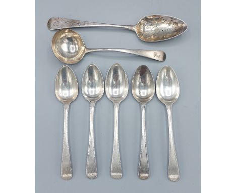 A set of five George III silver dessert spoons, London 1788, maker William Soame together with a George III silver table spoo