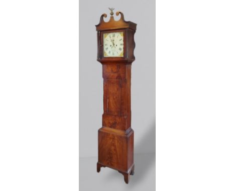 A 19th Century mahogany longcase clock, the square hood with swan neck pediment above a rectangular door and beacket feet, th