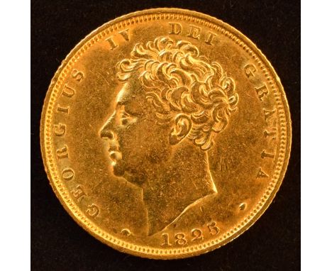 King George IV, Sovereign, 1825, Bare head, date below l. R. crowned shield, edge milled, gold, weight 7.9g, S.3801, VF.
