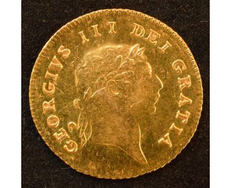 King George III, Half-Guinea, 1810, Seventh laureate head r. with short hair, R. shield in garter, date below, edge milled, g