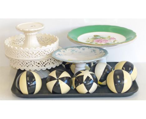 two regal porcelain cake stands and six black and white ceramic balls Condition reports are not available for our Interiors S