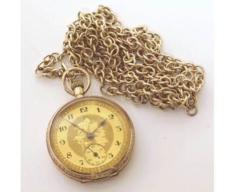 9ct gold ladies pocket watch on 9ct gold chain, gross weight of chain and watch 46.6g Condition reports are not available for