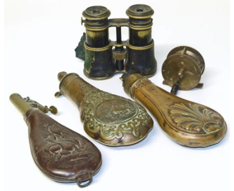 Brass Allcock &amp; Co 6cm fishing reel, pair of Armstrong &amp; Bro. opera glasses, James Dixon &amp; Sons shot flask and tw