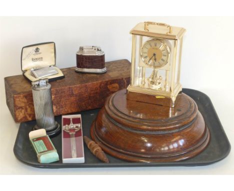 Circular oak trophy base, poker work box, British Butanic, Polo and Ronson lighters, treen needle case and modern carriage cl