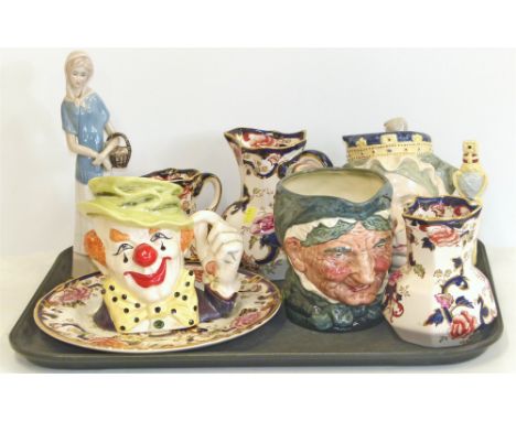 Three Masons "Mandalay" graduated vases and plate, three Royal Doulton character jugs "The Crown", "Grammy" and "Queen Victor