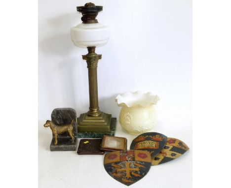 Victorian oil lamp on Corinthian column, three small painted crests on galvanised, metalware rough terrier book ends etc. Con
