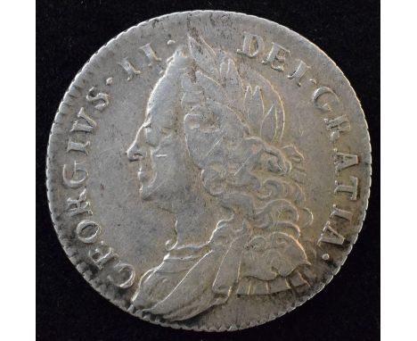 King George II, Sixpence, 1757, Old laureate and draped bust l. R. Crowned cruciform shields, angles plain, edge milled, silv