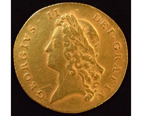 King George II, Two Guineas, 1738, Young laureate head l. R. Crowned shield of arms, gold, weight 16.6g, S. 3667B F.