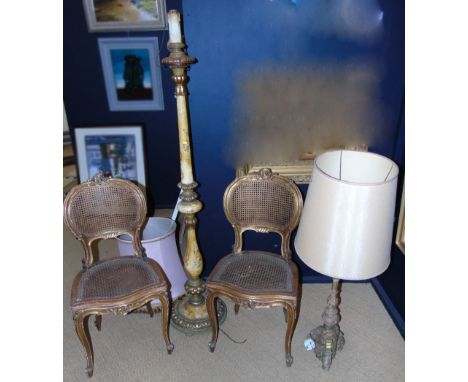 A pair of Gill and Reigate giltwood chairs, gilt standard lamp and table lamp Condition reports are not available for our Int