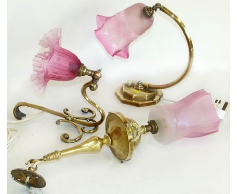 Two Edwardian table lamps and one wall lamp with pink shades Condition reports are not available for our Interiors Sale.