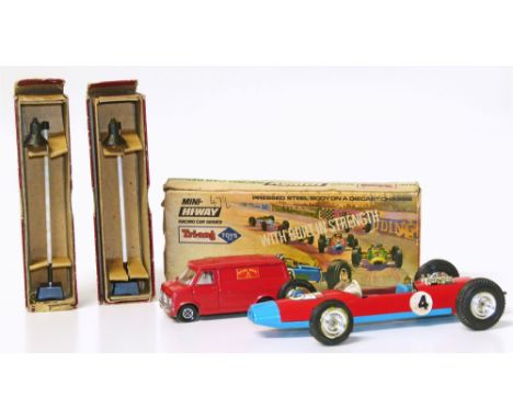 Tri-ang mini hi-way Monza racing car with box, also a Dinky Royal Mail Bedford van and two TTR boxed Lamps