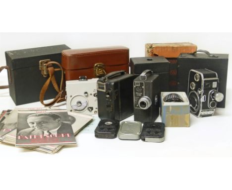 Pathescope "Prince", Pathe "Motocamer", Miller "Model C" and Paillard-Bolex "B8" cine cameras, Ensign box camera (in original