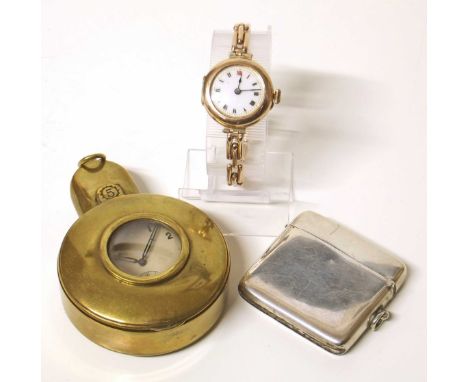 Miners brass watch protector stamped "Brooks, Hanley Electric Works" together with one fob watch with army arrow mark, silver