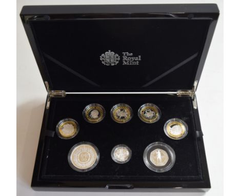 The 2016 United Kingdom Silver Proof Piedfort Coin Set, Royal Mint, to include Queen's Birthday £5, 'Bimetallic' £2 'Comedy',