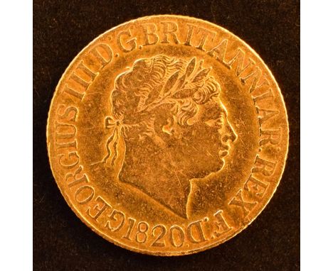 King George III, Sovereign, 1820, Laureate head r. coarse hair, legend type B, R. St. George and dragon, edge milled, gold, w