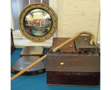 Reproduction convex wall mirror, walking stick, two oak trays, cutlery and boxes, oak lidded box and two others. Condition re