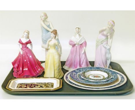 Three Coalport and two Royal Doulton figures, along with five ceramic plates Condition reports are not available for our Inte