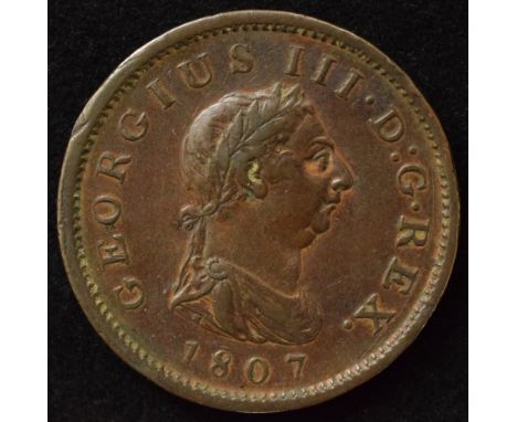 King George III, Penny, 1807, Fourth Issue - Soho Mint, Birmingham, Shorter haired laureate and draped bust r. date below R. 
