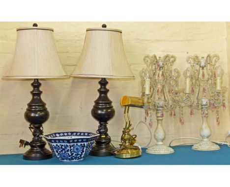 A pair of modern table chandeliers, a pair of modern ceramic table lamps complete with shades, blue and white bowl and desk l