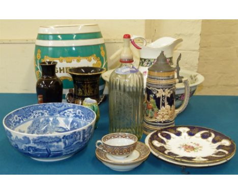 Ceramic sherry barrel, Whieldon ware jug and bowl, Copeland Spode's Italian bowl, soda siphon etc Condition reports are not a